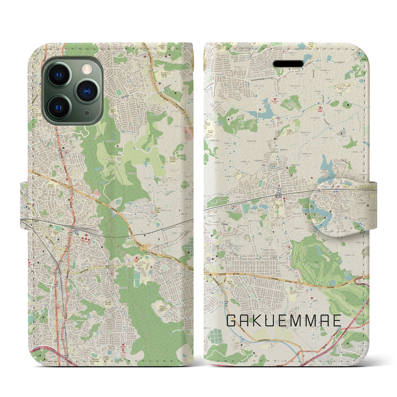 【学園前(奈良県)】地図柄iPhoneケース(手帳タイプ)ナチュラル・iPhone 11 Pro 用
