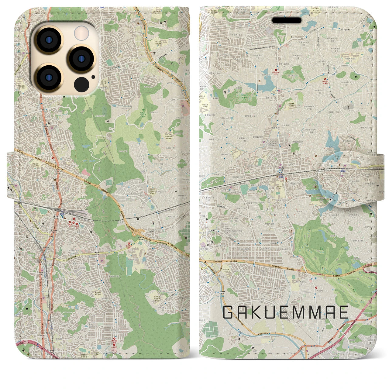 【学園前(奈良県)】地図柄iPhoneケース(手帳タイプ)ナチュラル・iPhone 12 Pro Max 用