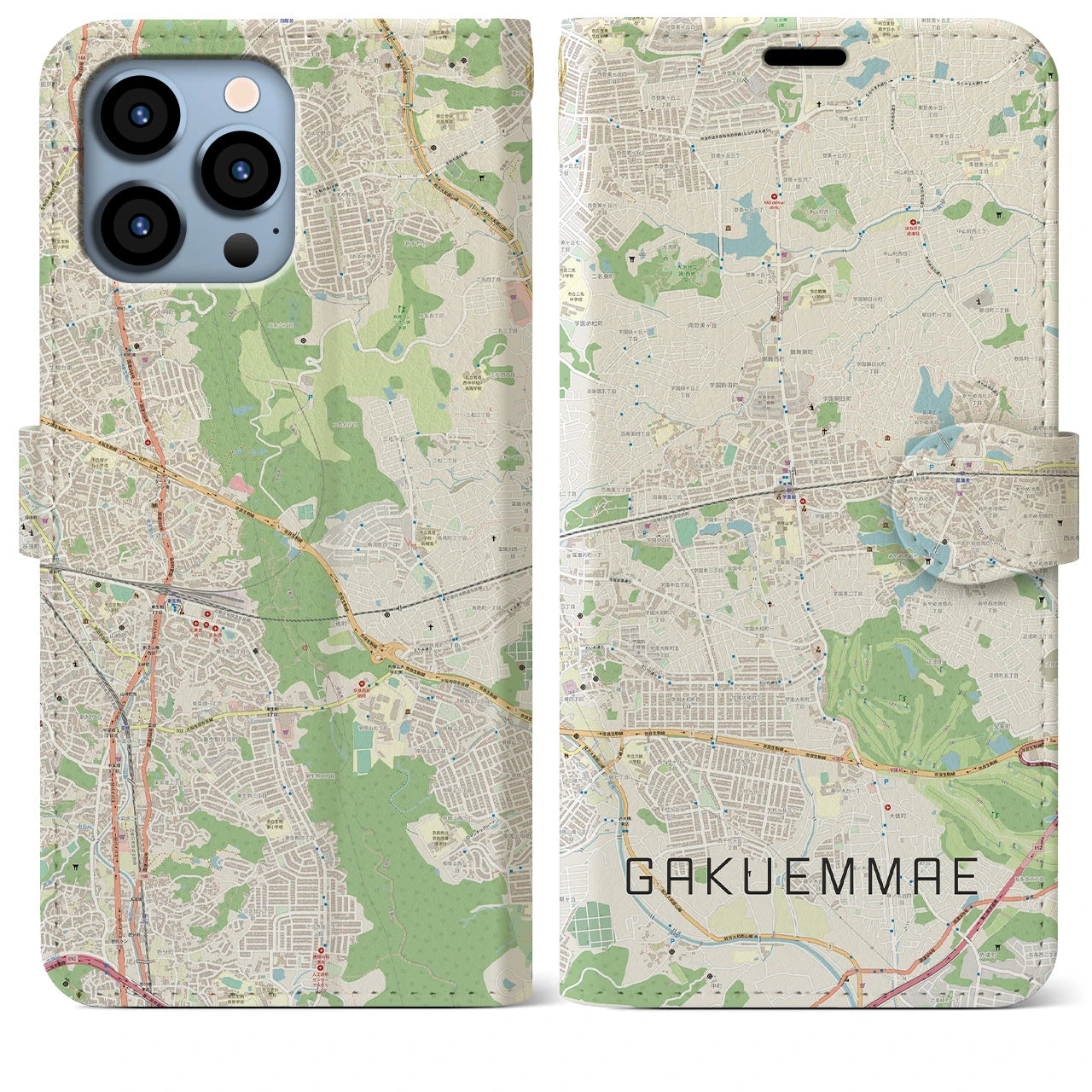 【学園前(奈良県)】地図柄iPhoneケース(手帳タイプ)ナチュラル・iPhone 13 Pro Max 用