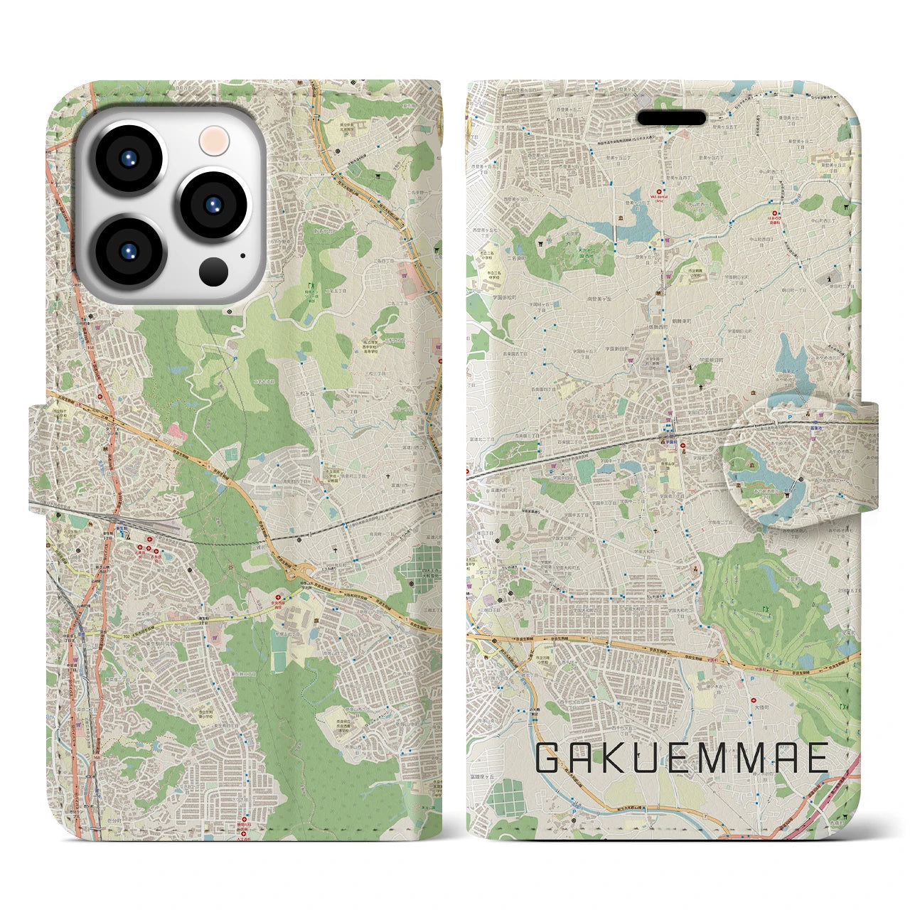 【学園前(奈良県)】地図柄iPhoneケース(手帳タイプ)ナチュラル・iPhone 13 Pro 用
