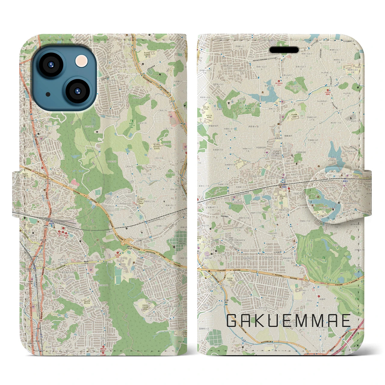 【学園前(奈良県)】地図柄iPhoneケース(手帳タイプ)ナチュラル・iPhone 13 用
