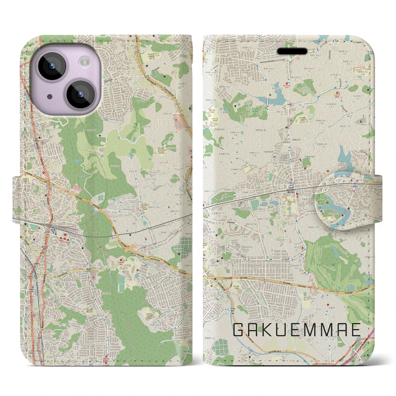 【学園前(奈良県)】地図柄iPhoneケース(手帳タイプ)ナチュラル・iPhone 14 用