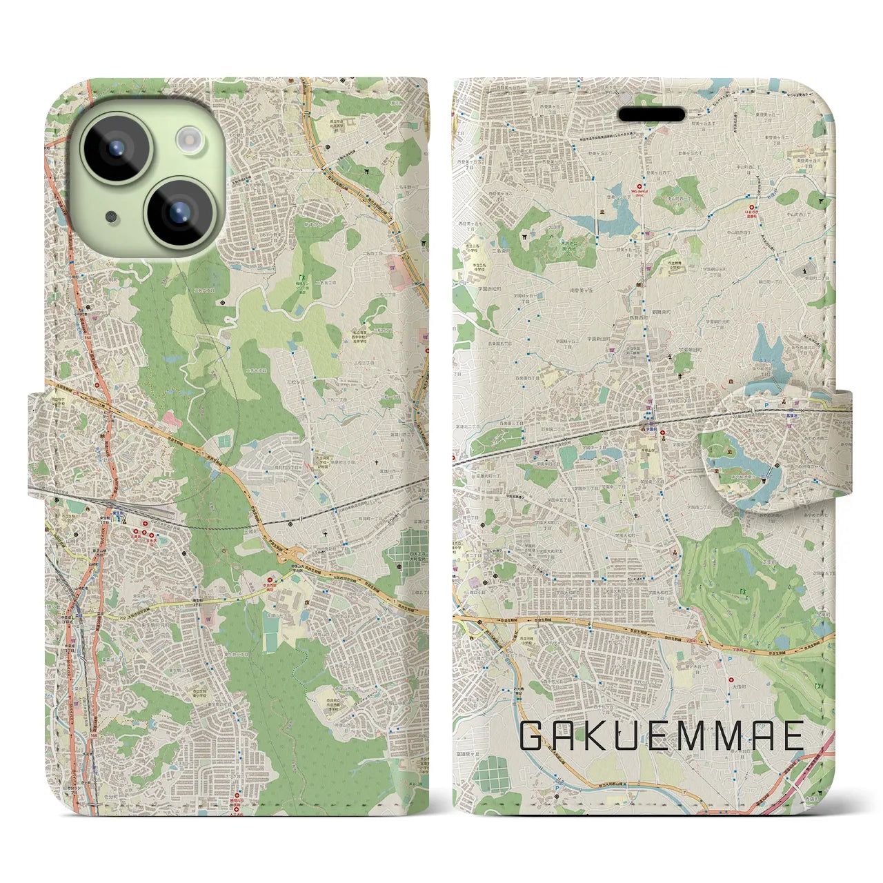 【学園前(奈良県)】地図柄iPhoneケース(手帳タイプ)ナチュラル・iPhone 15 用