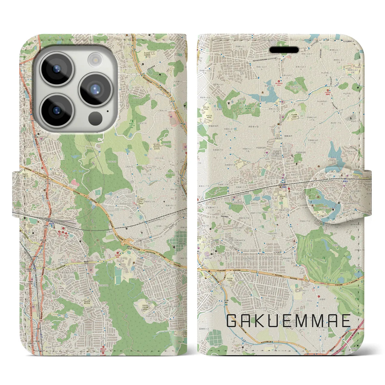 【学園前(奈良県)】地図柄iPhoneケース(手帳タイプ)ナチュラル・iPhone 15 Pro 用