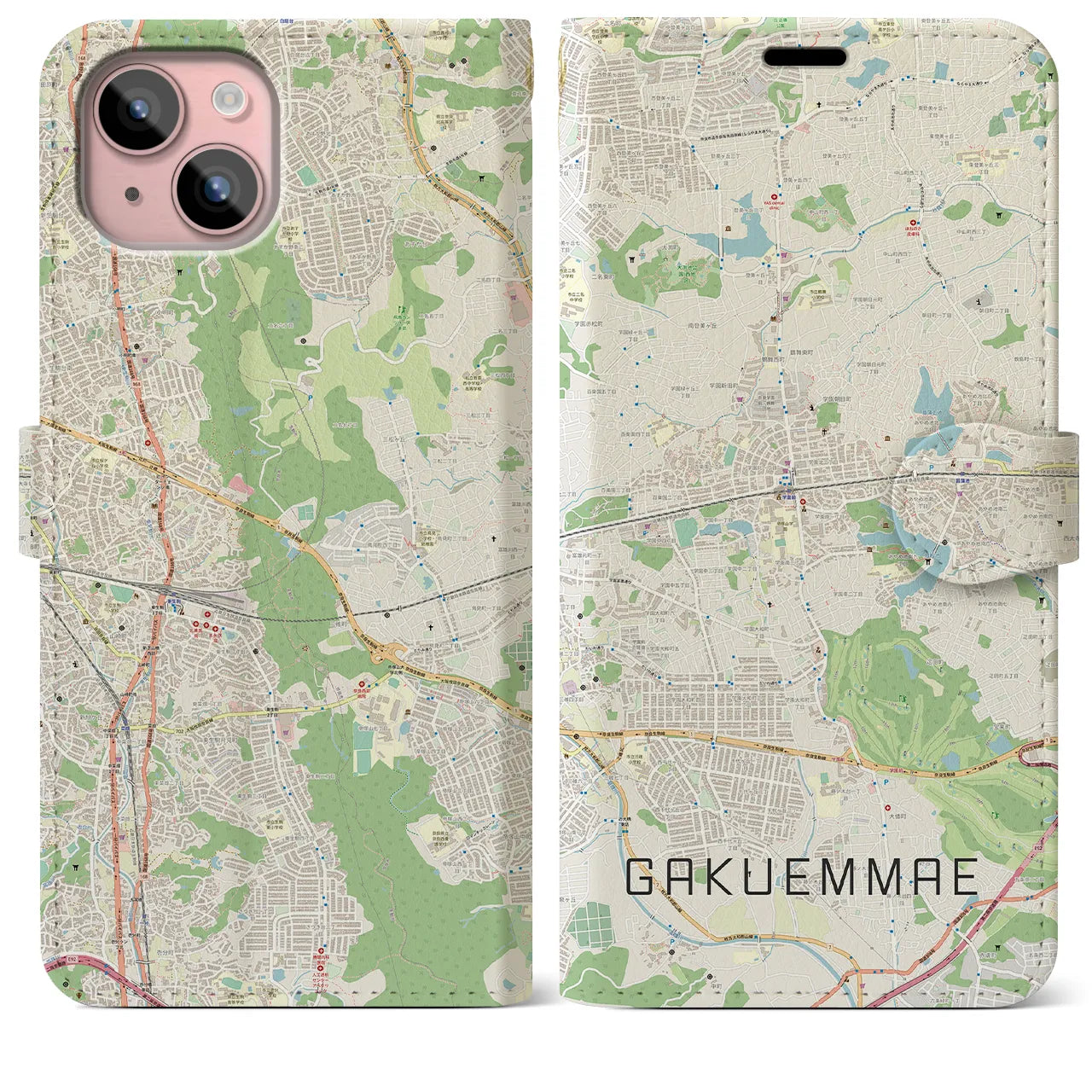 【学園前(奈良県)】地図柄iPhoneケース(手帳タイプ)ナチュラル・iPhone 15 Plus 用
