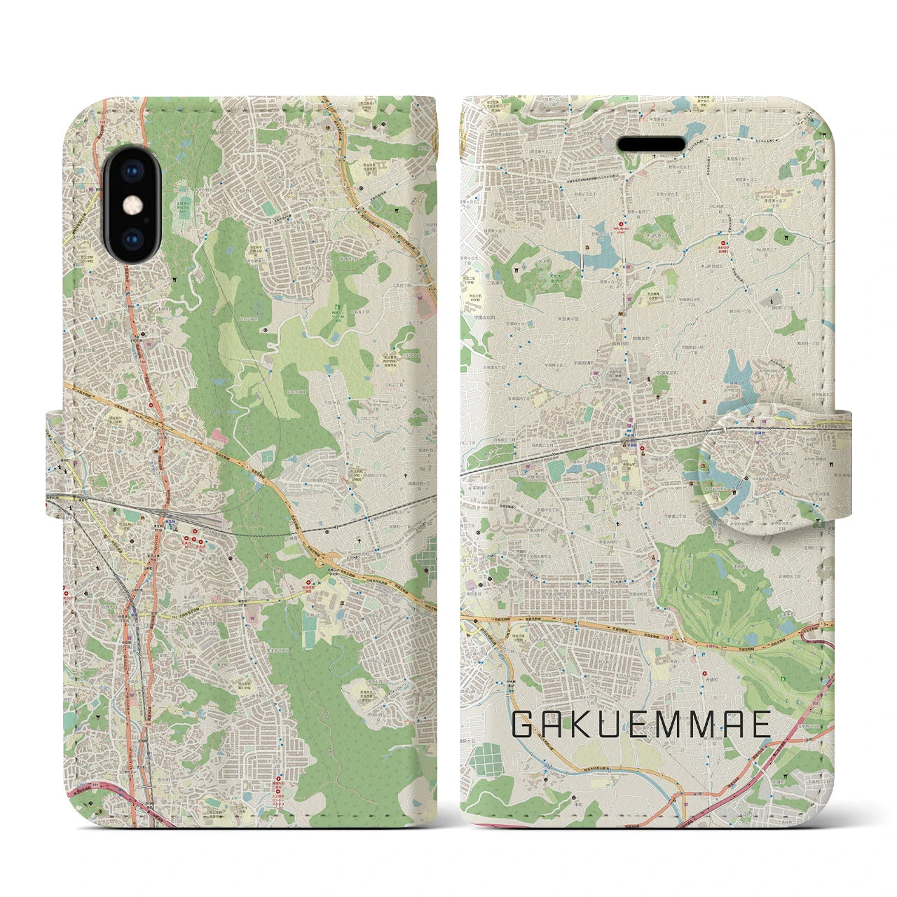 【学園前(奈良県)】地図柄iPhoneケース(手帳タイプ)ナチュラル・iPhone XS / X 用