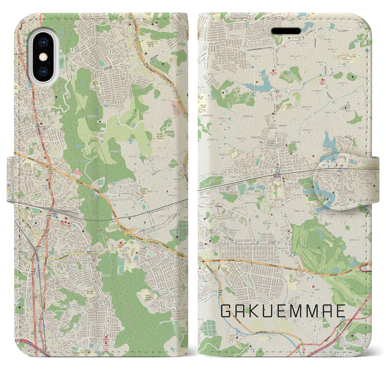 【学園前(奈良県)】地図柄iPhoneケース(手帳タイプ)ナチュラル・iPhone XS Max 用