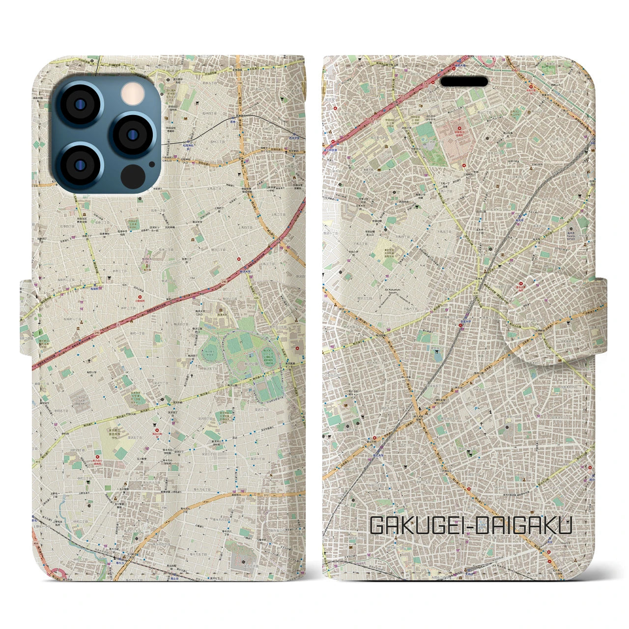 【学芸大学(東京都)】地図柄iPhoneケース(手帳タイプ)ナチュラル・iPhone 12 / 12 Pro 用