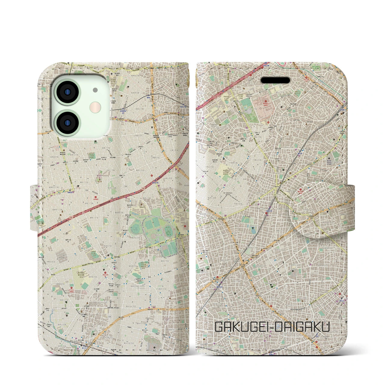 【学芸大学(東京都)】地図柄iPhoneケース(手帳タイプ)ナチュラル・iPhone 12 mini 用
