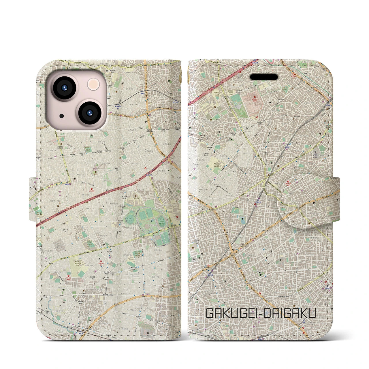 【学芸大学(東京都)】地図柄iPhoneケース(手帳タイプ)ナチュラル・iPhone 13 mini 用