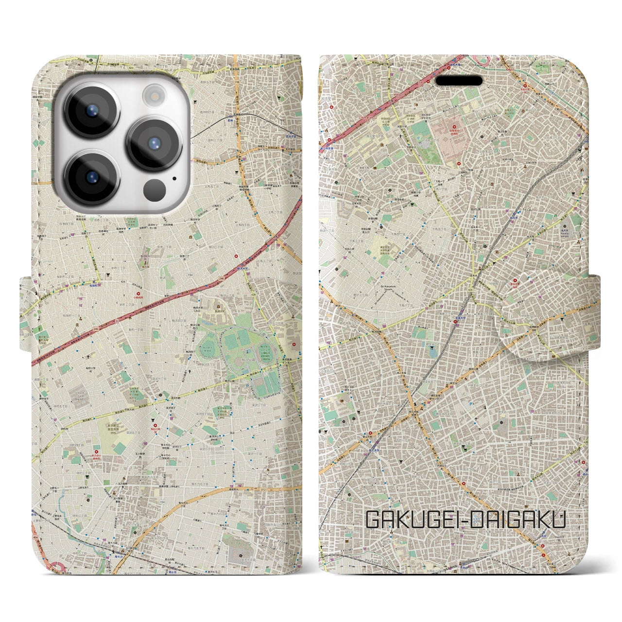 【学芸大学(東京都)】地図柄iPhoneケース(手帳タイプ)ナチュラル・iPhone 14 Pro 用