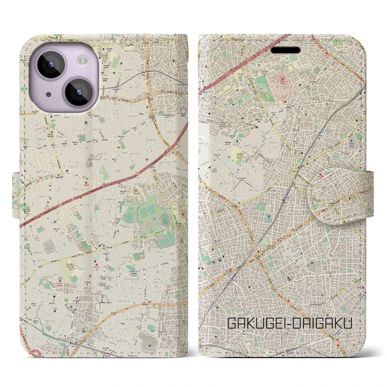【学芸大学(東京都)】地図柄iPhoneケース(手帳タイプ)ナチュラル・iPhone 14 用