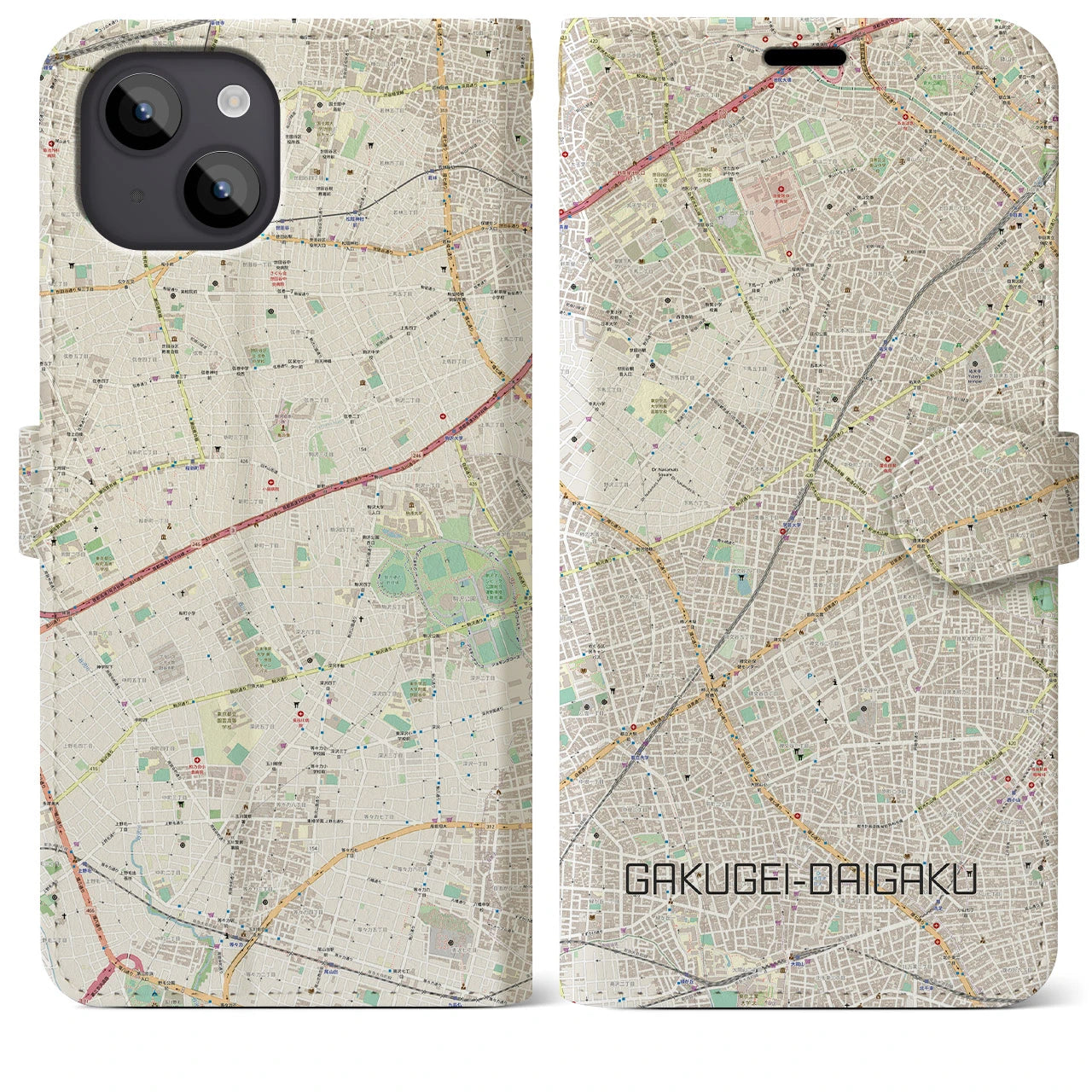 【学芸大学(東京都)】地図柄iPhoneケース(手帳タイプ)ナチュラル・iPhone 14 Plus 用