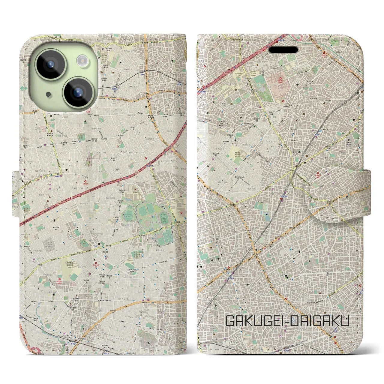 【学芸大学(東京都)】地図柄iPhoneケース(手帳タイプ)ナチュラル・iPhone 15 用