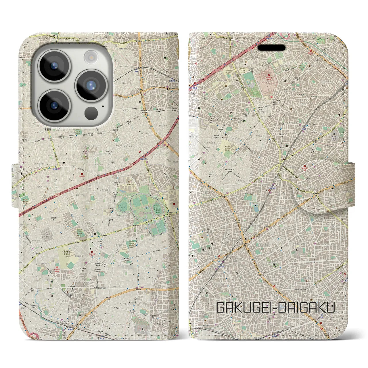 【学芸大学(東京都)】地図柄iPhoneケース(手帳タイプ)ナチュラル・iPhone 15 Pro 用