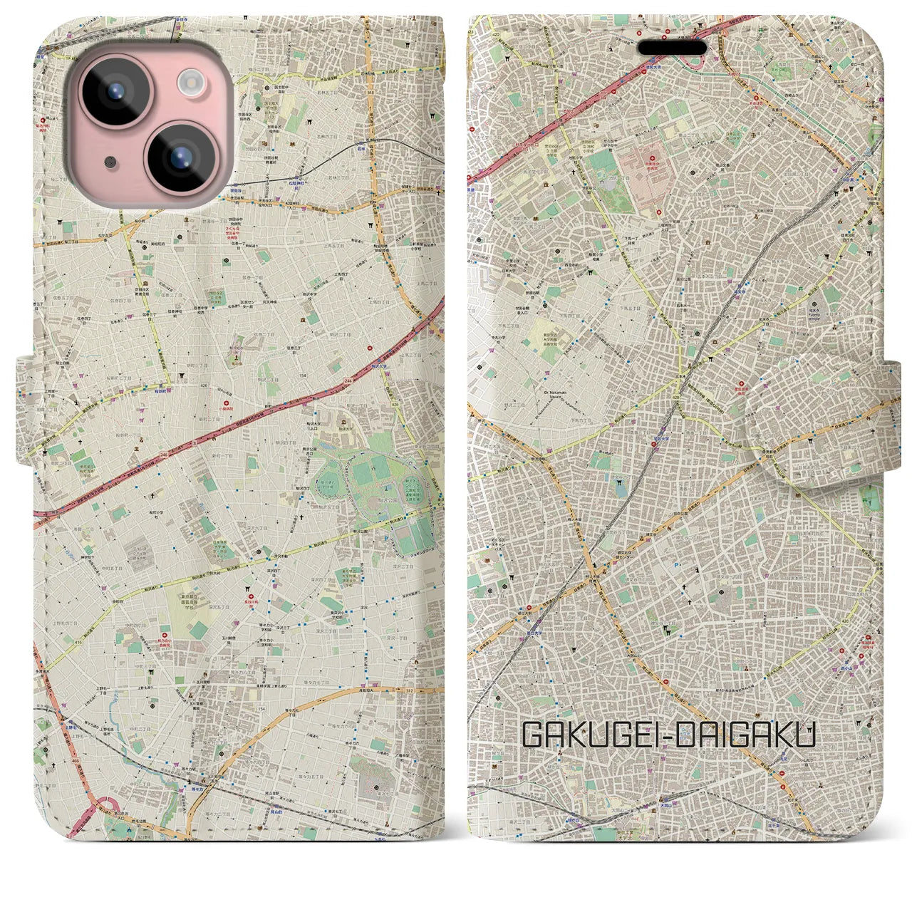 【学芸大学(東京都)】地図柄iPhoneケース(手帳タイプ)ナチュラル・iPhone 15 Plus 用