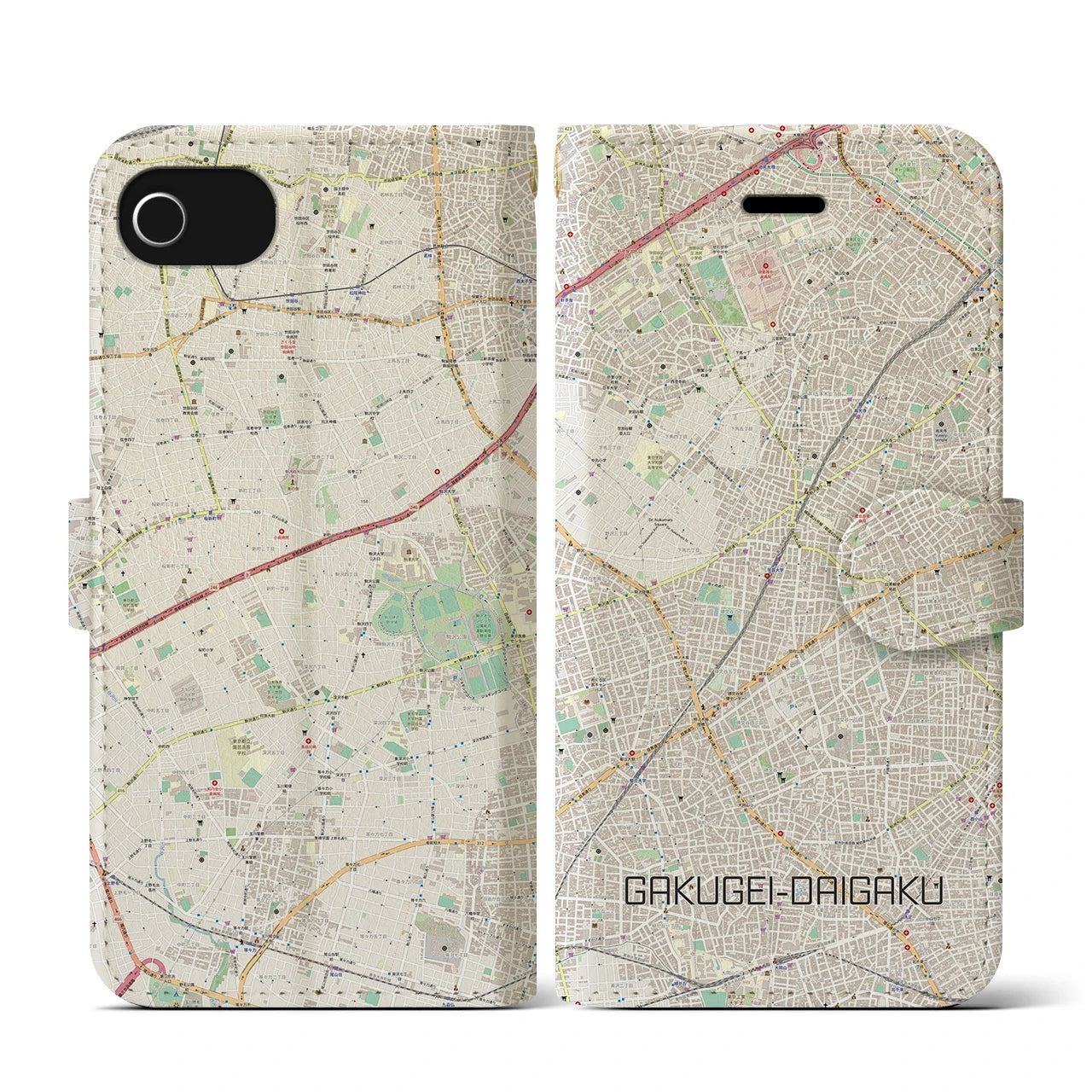 【学芸大学(東京都)】地図柄iPhoneケース(手帳タイプ)ナチュラル・iPhone SE(第3 / 第2世代) / 8 / 7 / 6s / 6 用