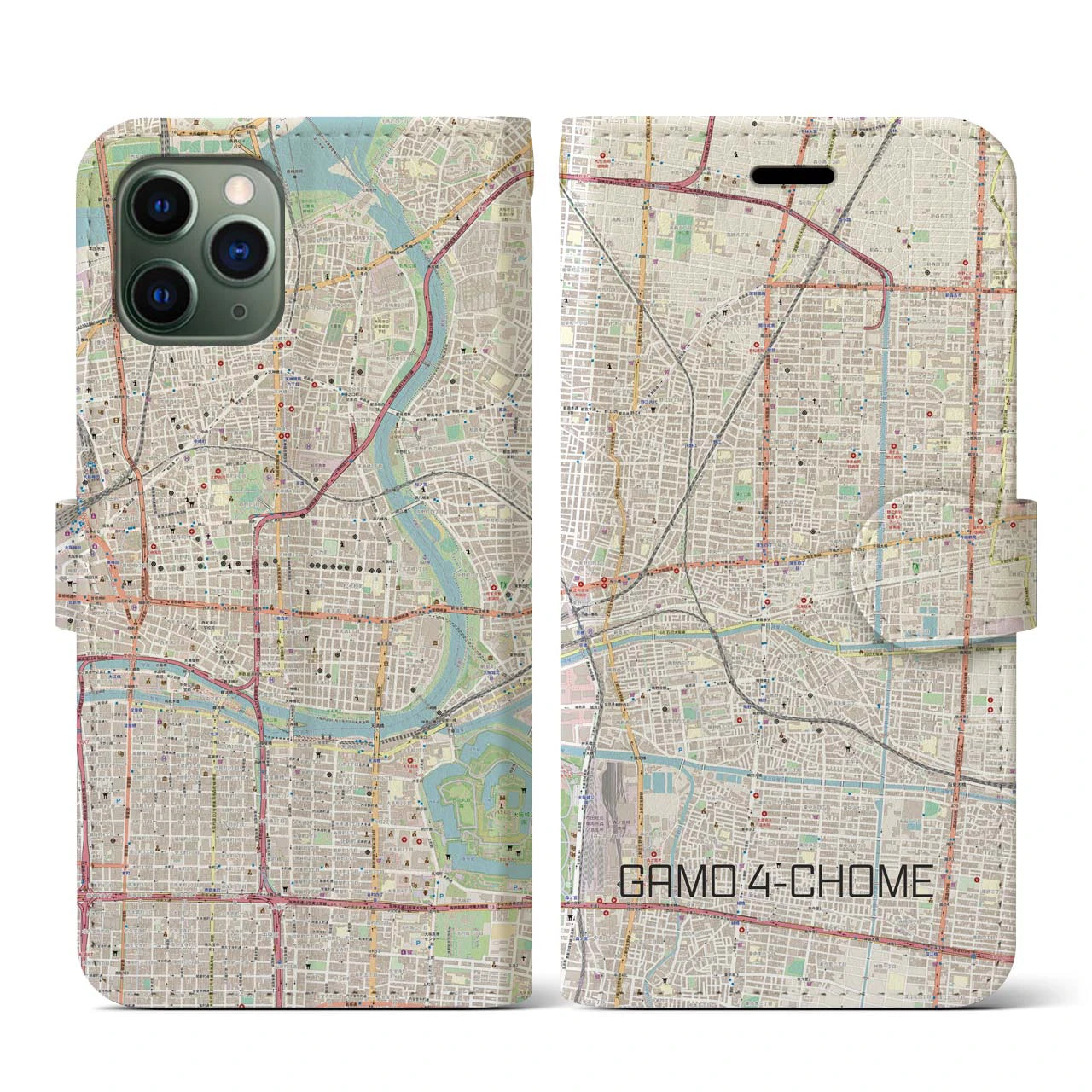 【蒲生四丁目(大阪府)】地図柄iPhoneケース(手帳タイプ)ナチュラル・iPhone 11 Pro 用