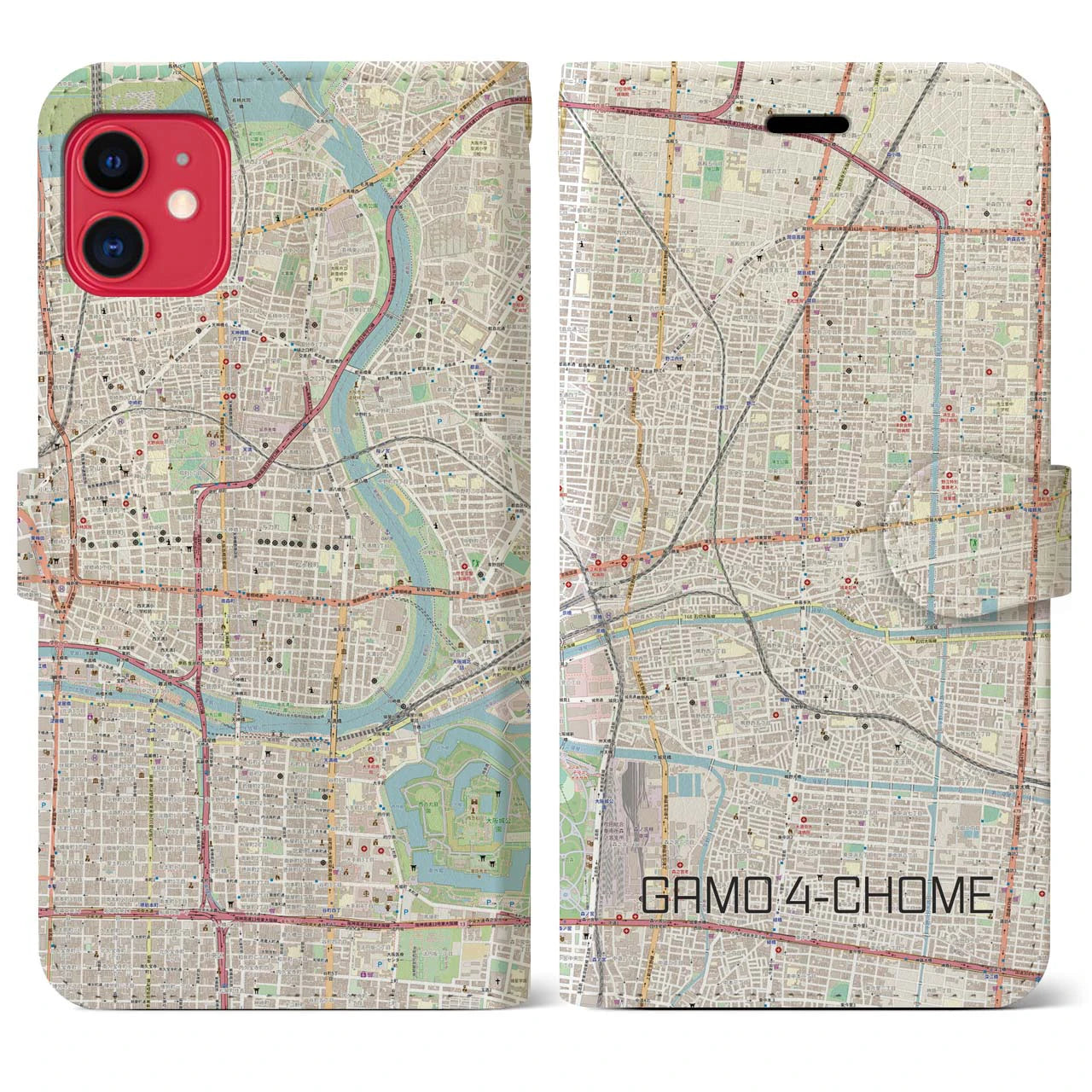 【蒲生四丁目(大阪府)】地図柄iPhoneケース(手帳タイプ)ナチュラル・iPhone 11 用