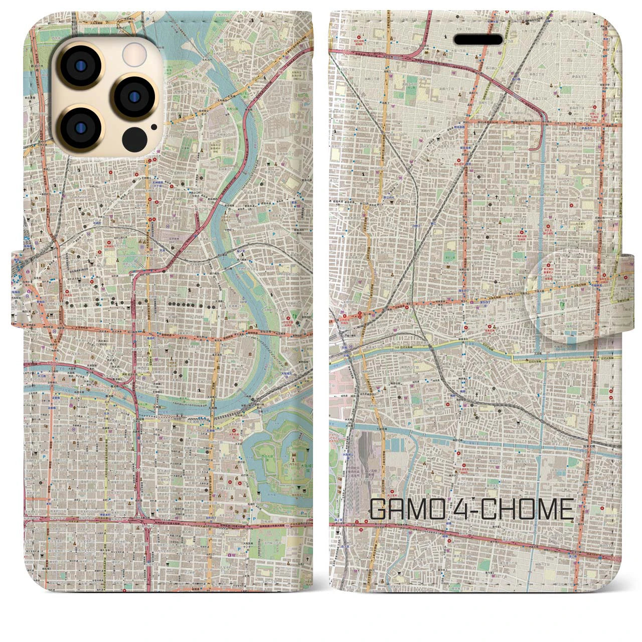 【蒲生四丁目(大阪府)】地図柄iPhoneケース(手帳タイプ)ナチュラル・iPhone 12 Pro Max 用