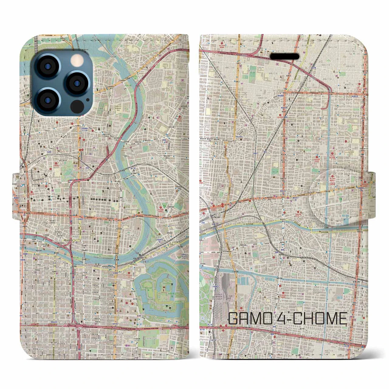 【蒲生四丁目(大阪府)】地図柄iPhoneケース(手帳タイプ)ナチュラル・iPhone 12 / 12 Pro 用