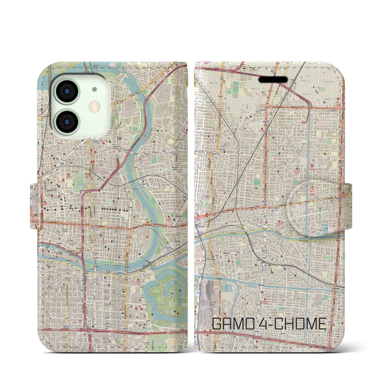 【蒲生四丁目(大阪府)】地図柄iPhoneケース(手帳タイプ)ナチュラル・iPhone 12 mini 用