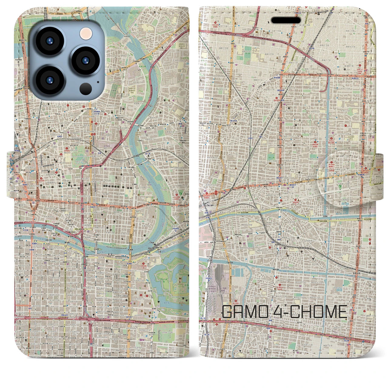 【蒲生四丁目(大阪府)】地図柄iPhoneケース(手帳タイプ)ナチュラル・iPhone 13 Pro Max 用