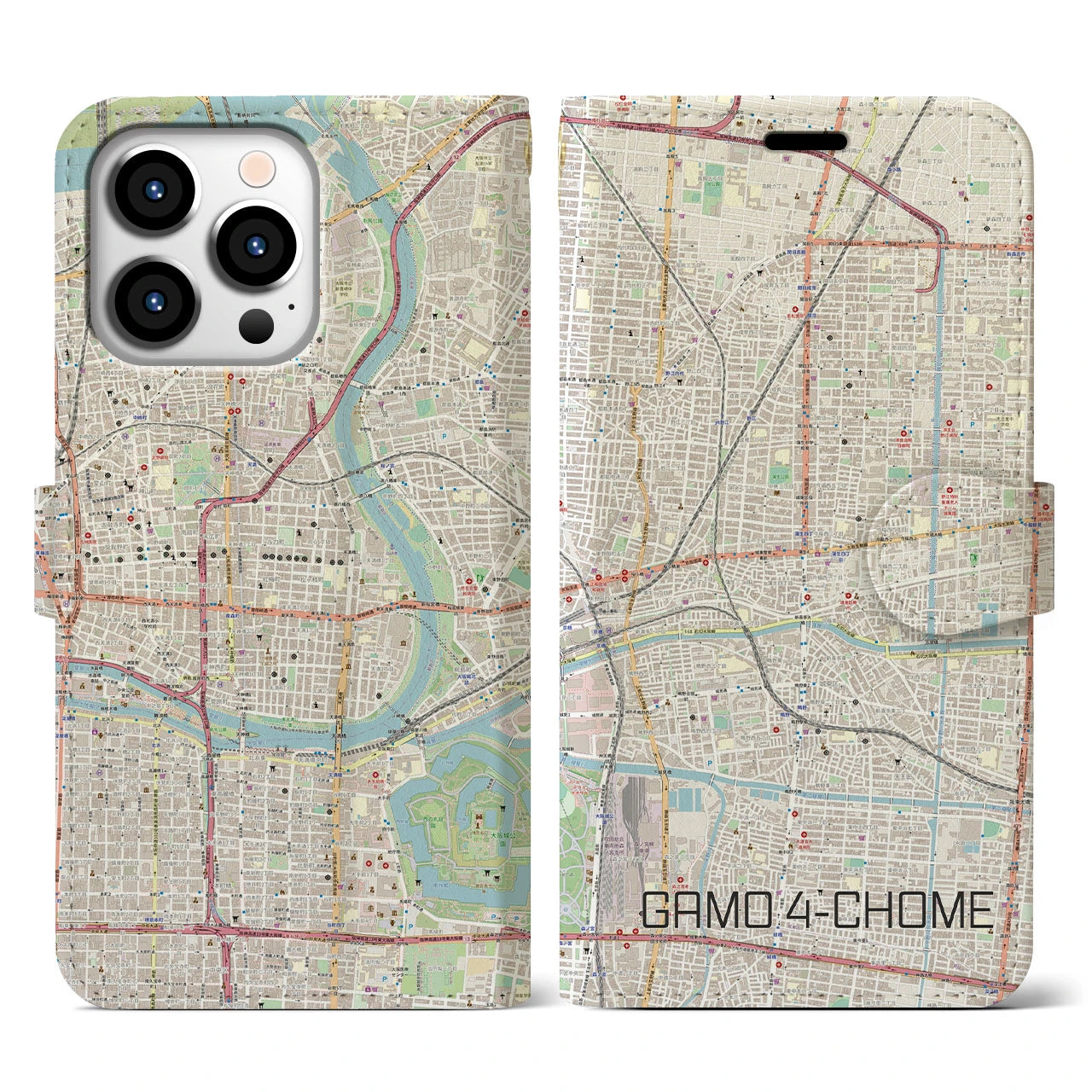 【蒲生四丁目(大阪府)】地図柄iPhoneケース(手帳タイプ)ナチュラル・iPhone 13 Pro 用