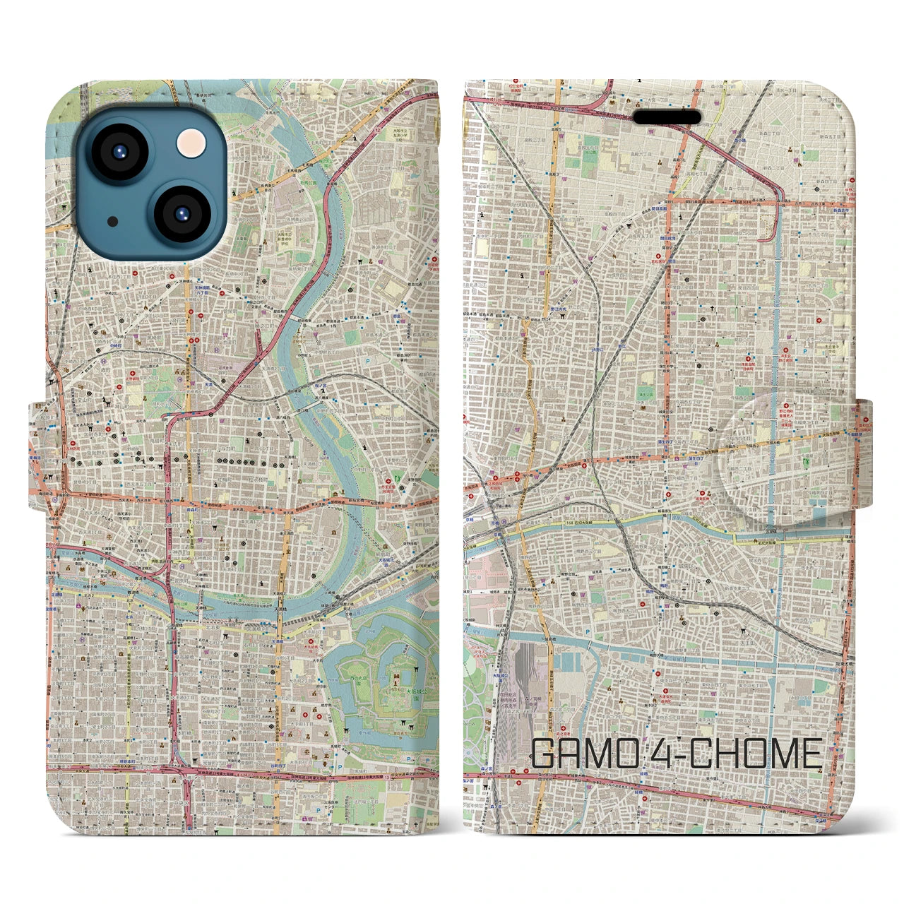【蒲生四丁目(大阪府)】地図柄iPhoneケース(手帳タイプ)ナチュラル・iPhone 13 用