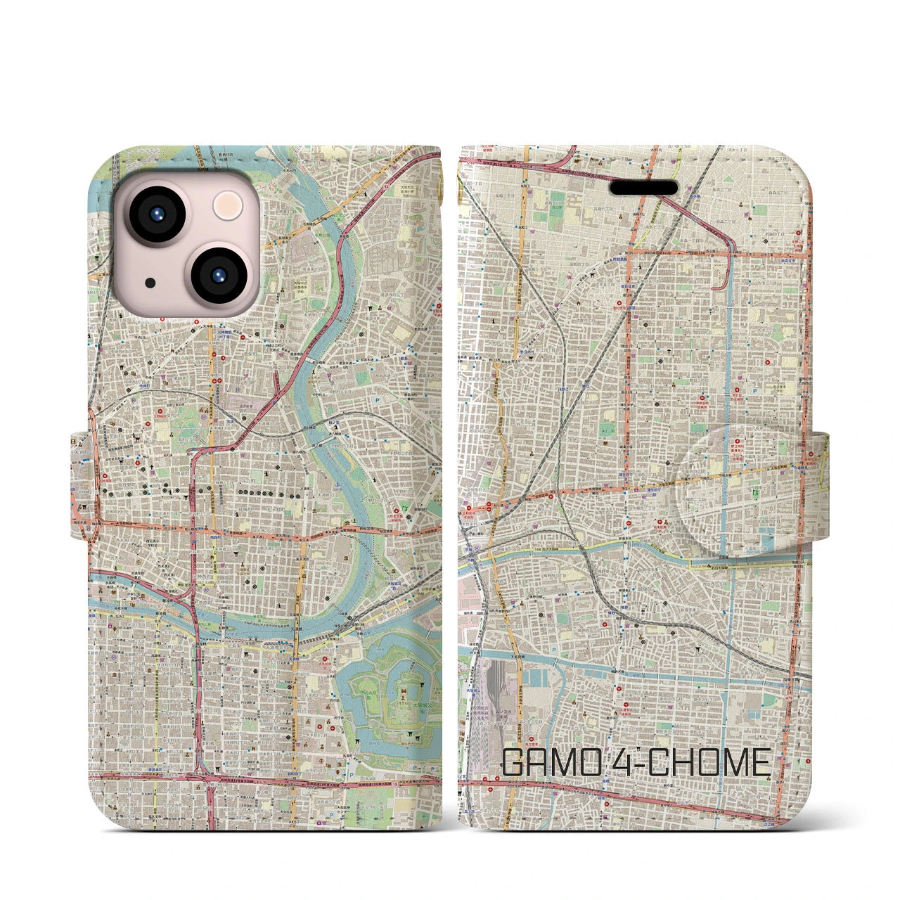 【蒲生四丁目(大阪府)】地図柄iPhoneケース(手帳タイプ)ナチュラル・iPhone 13 mini 用