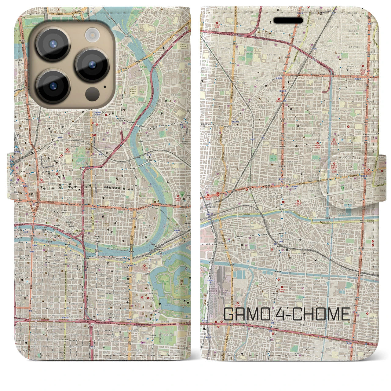 【蒲生四丁目(大阪府)】地図柄iPhoneケース(手帳タイプ)ナチュラル・iPhone 14 Pro Max 用