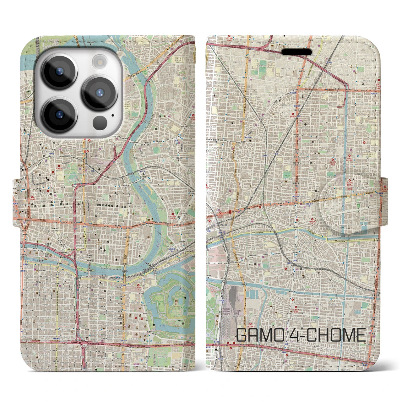 【蒲生四丁目(大阪府)】地図柄iPhoneケース(手帳タイプ)ナチュラル・iPhone 14 Pro 用