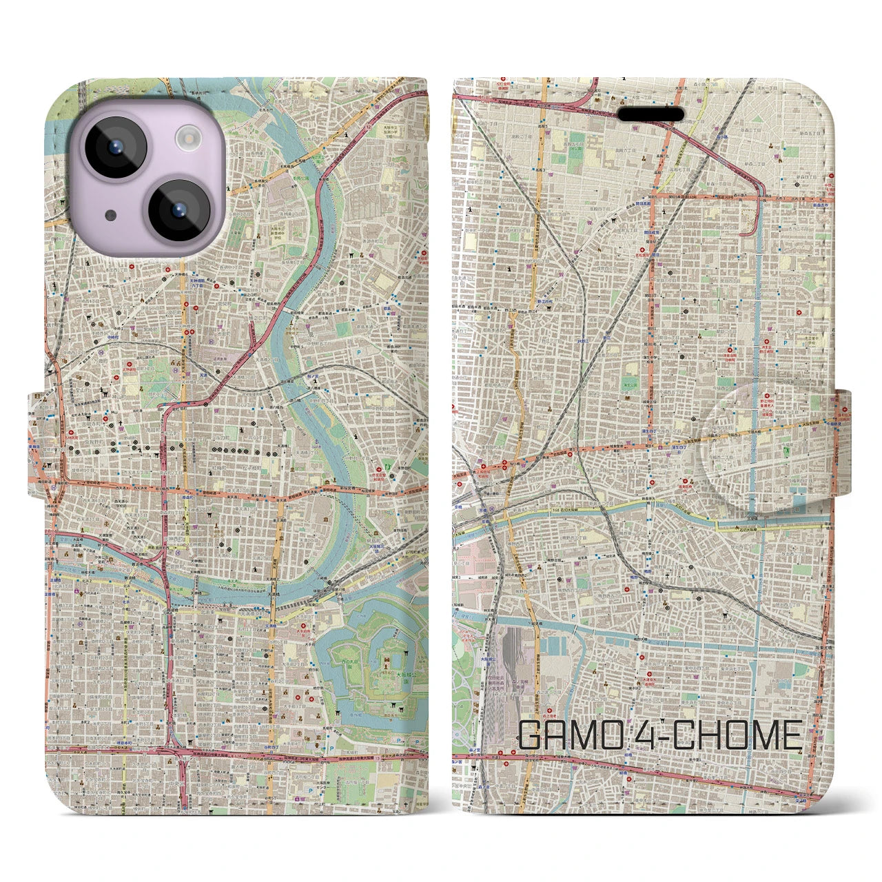 【蒲生四丁目(大阪府)】地図柄iPhoneケース(手帳タイプ)ナチュラル・iPhone 14 用