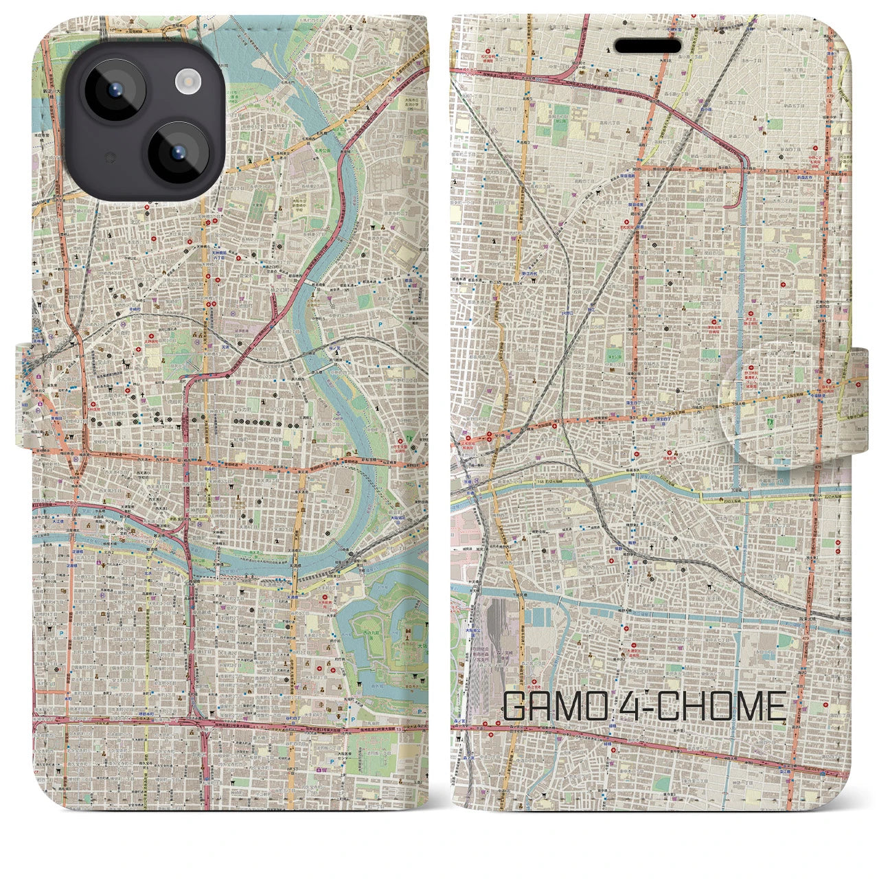 【蒲生四丁目(大阪府)】地図柄iPhoneケース(手帳タイプ)ナチュラル・iPhone 14 Plus 用