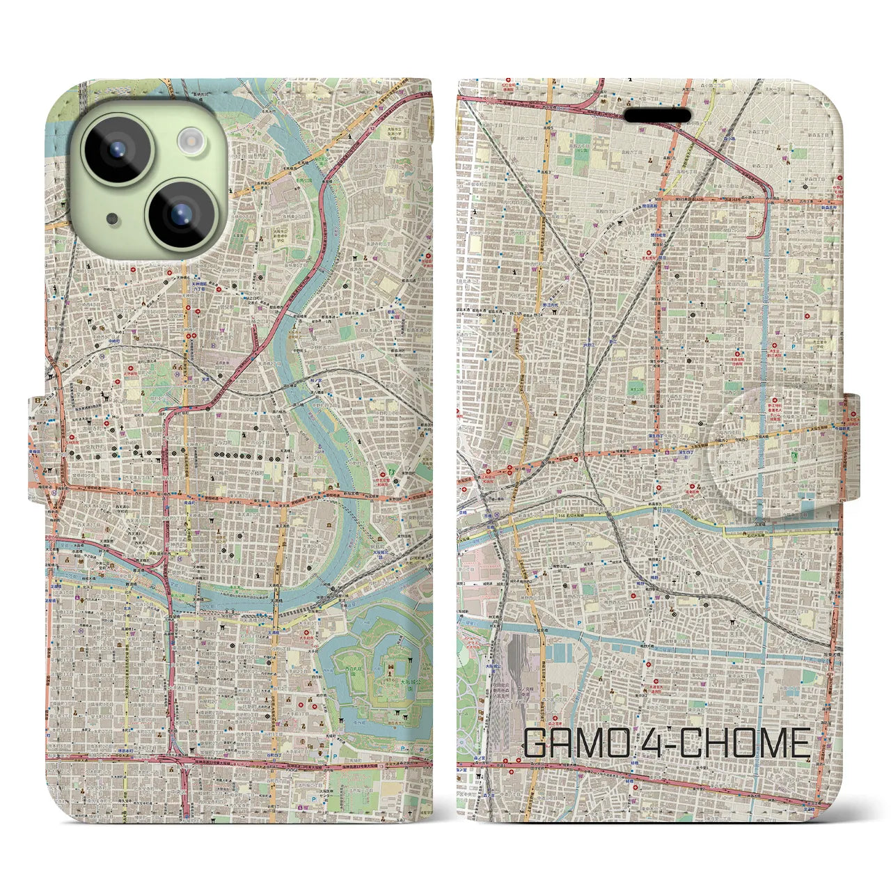 【蒲生四丁目(大阪府)】地図柄iPhoneケース(手帳タイプ)ナチュラル・iPhone 15 用