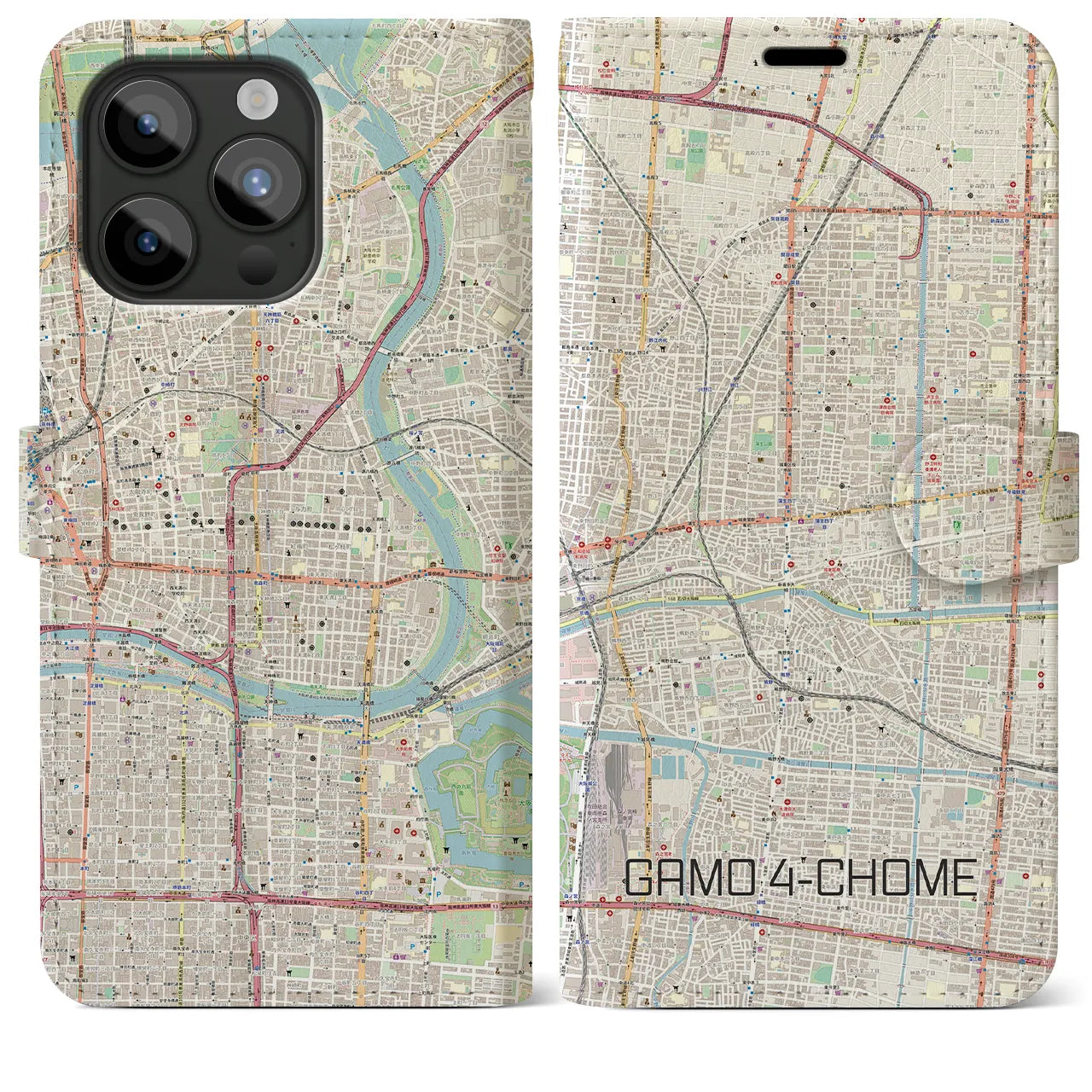 【蒲生四丁目(大阪府)】地図柄iPhoneケース(手帳タイプ)ナチュラル・iPhone 15 Pro Max 用