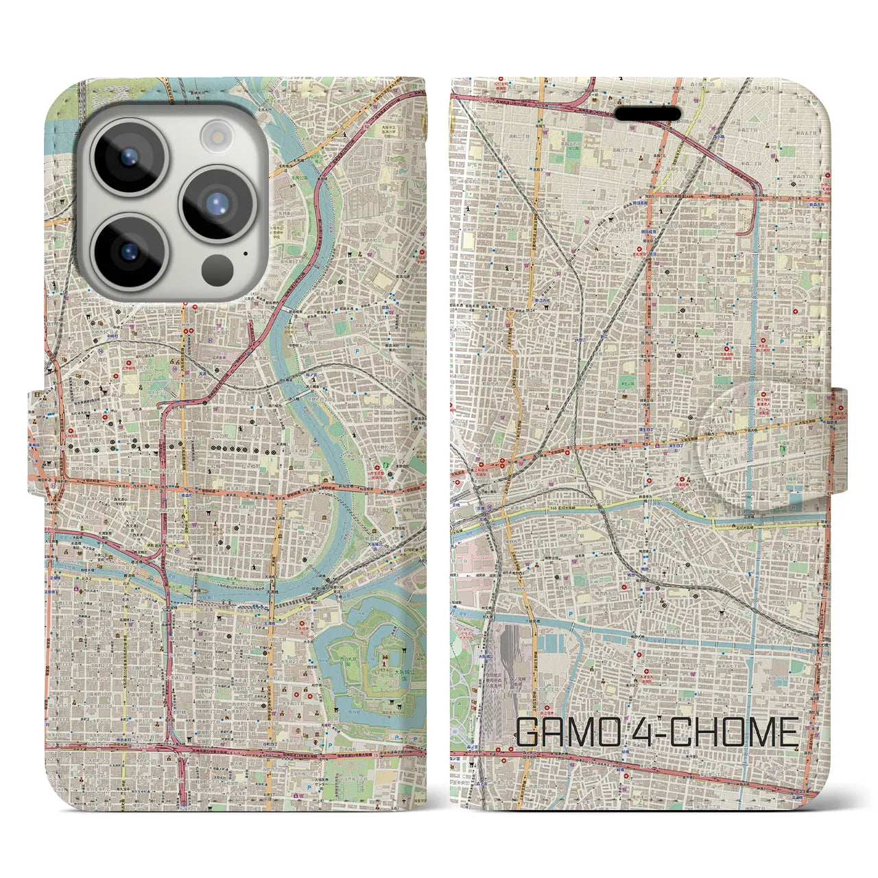 【蒲生四丁目(大阪府)】地図柄iPhoneケース(手帳タイプ)ナチュラル・iPhone 15 Pro 用