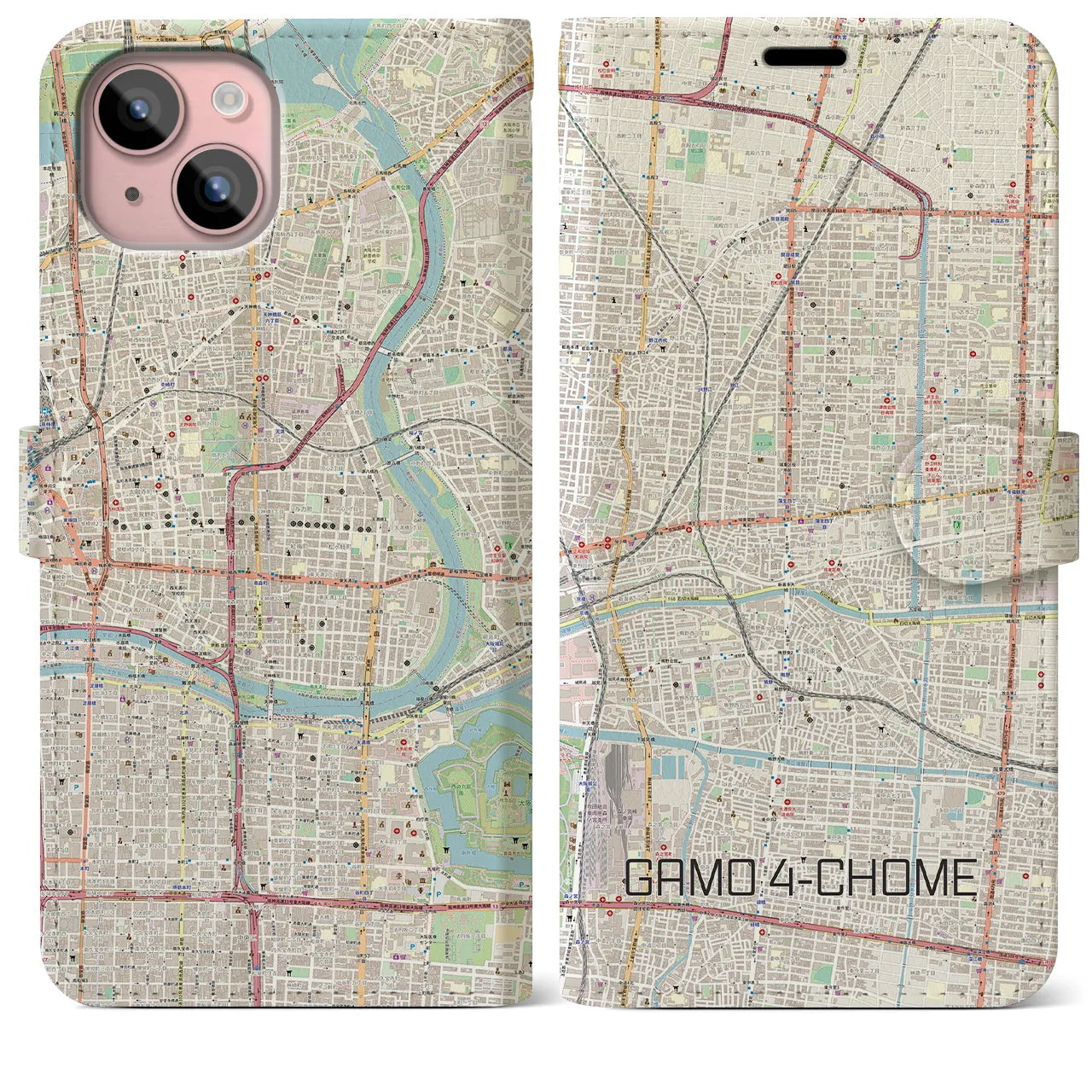 【蒲生四丁目(大阪府)】地図柄iPhoneケース(手帳タイプ)ナチュラル・iPhone 15 Plus 用