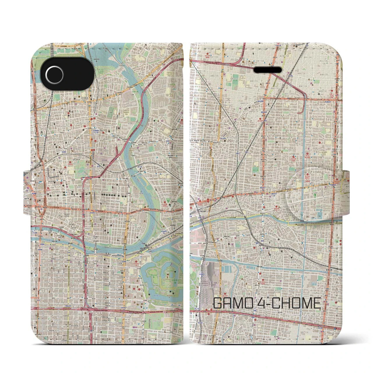 【蒲生四丁目(大阪府)】地図柄iPhoneケース(手帳タイプ)ナチュラル・iPhone SE(第3 / 第2世代) / 8 / 7 / 6s / 6 用