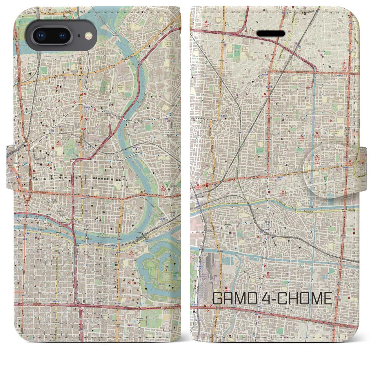 【蒲生四丁目(大阪府)】地図柄iPhoneケース(手帳タイプ)ナチュラル・iPhone 8Plus /7Plus / 6sPlus / 6Plus 用