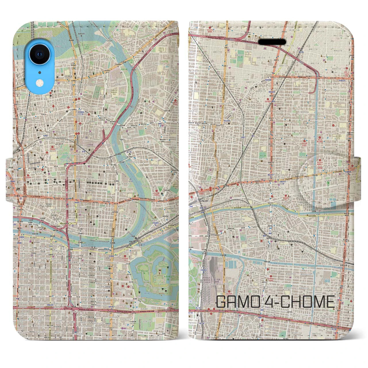 【蒲生四丁目(大阪府)】地図柄iPhoneケース(手帳タイプ)ナチュラル・iPhone XR 用
