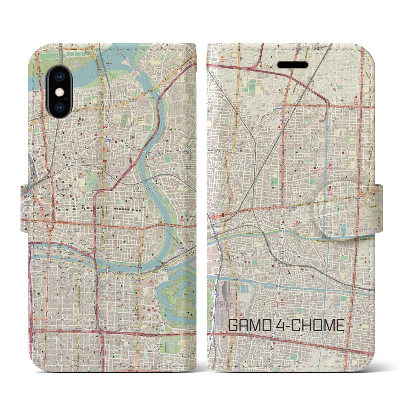 【蒲生四丁目(大阪府)】地図柄iPhoneケース(手帳タイプ)ナチュラル・iPhone XS / X 用