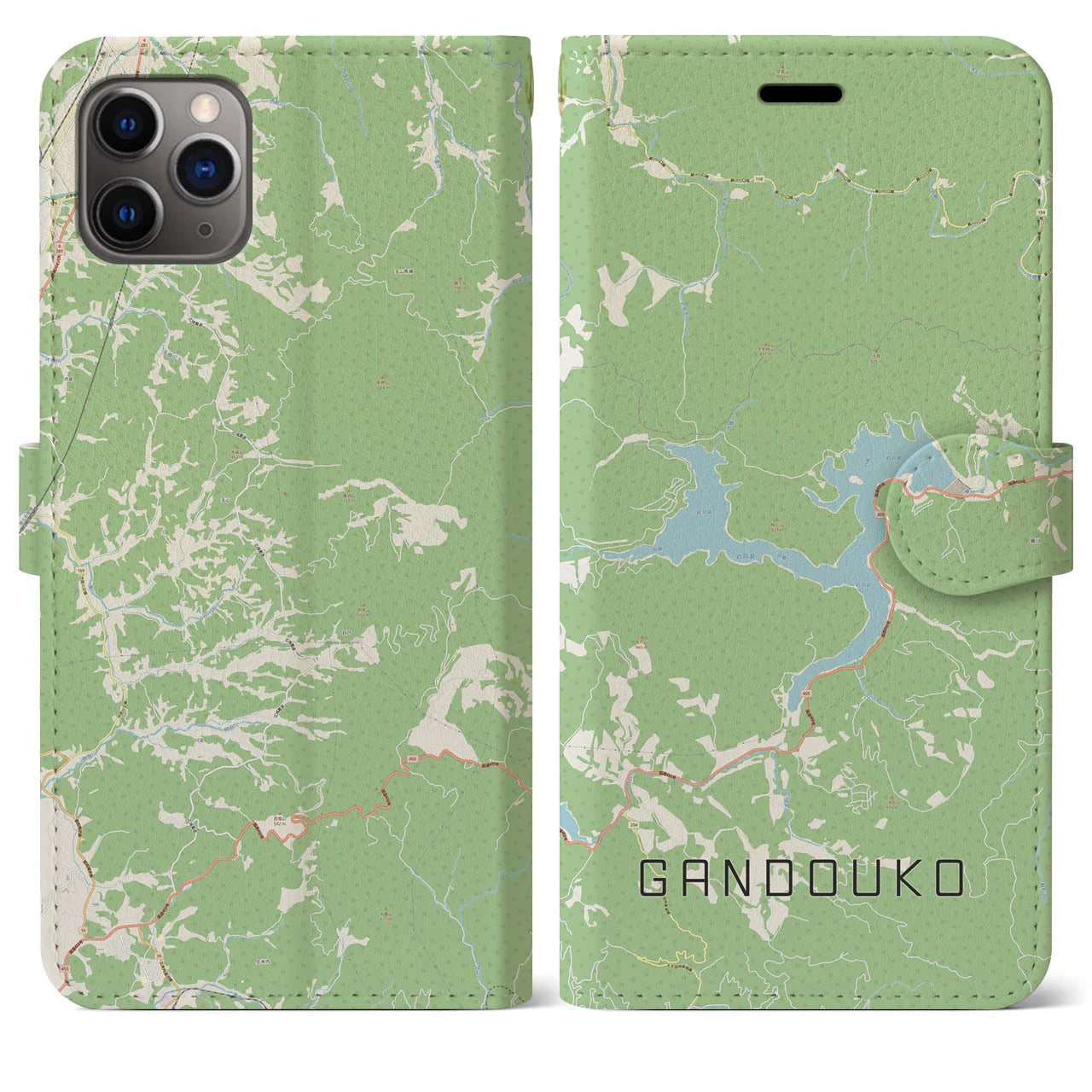 【岩洞湖(岩手県)】地図柄iPhoneケース(手帳タイプ)ナチュラル・iPhone 11 Pro Max 用