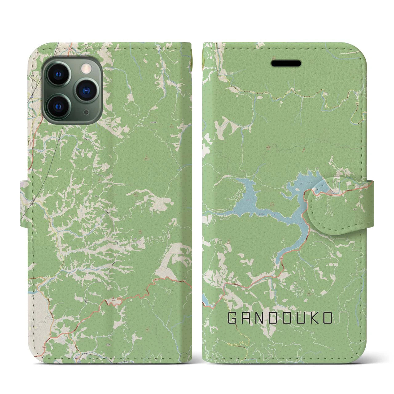 【岩洞湖(岩手県)】地図柄iPhoneケース(手帳タイプ)ナチュラル・iPhone 11 Pro 用