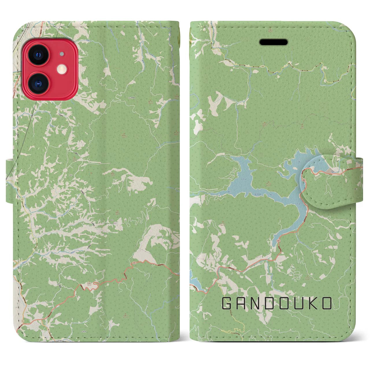 【岩洞湖(岩手県)】地図柄iPhoneケース(手帳タイプ)ナチュラル・iPhone 11 用