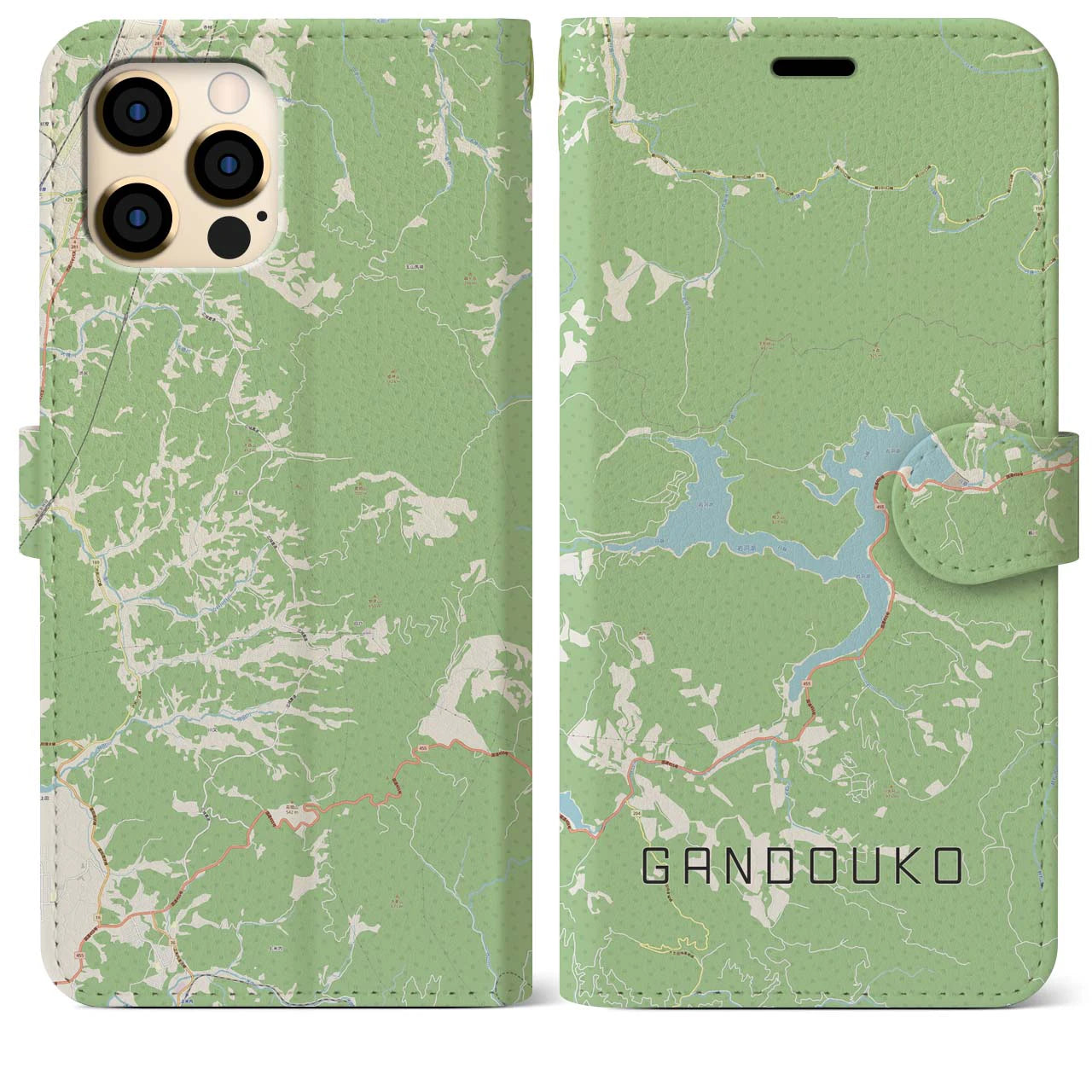 【岩洞湖(岩手県)】地図柄iPhoneケース(手帳タイプ)ナチュラル・iPhone 12 Pro Max 用