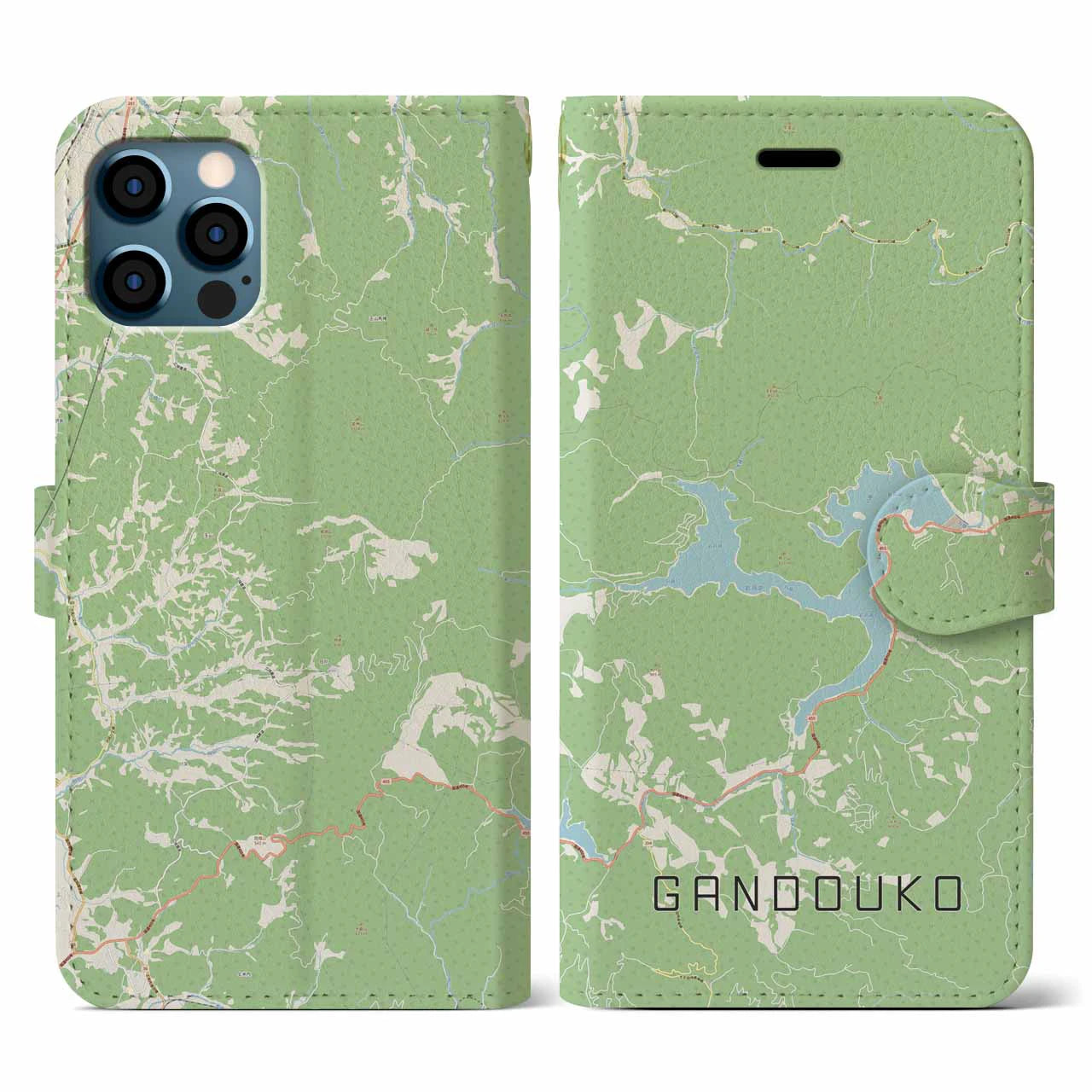 【岩洞湖(岩手県)】地図柄iPhoneケース(手帳タイプ)ナチュラル・iPhone 12 / 12 Pro 用