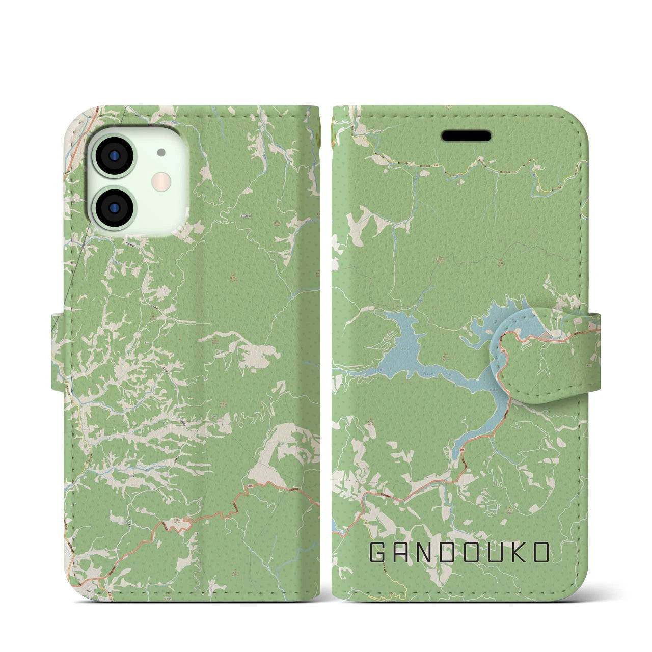 【岩洞湖(岩手県)】地図柄iPhoneケース(手帳タイプ)ナチュラル・iPhone 12 mini 用