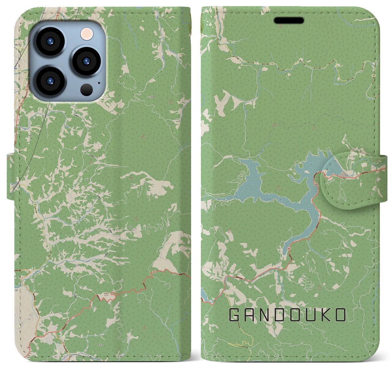 【岩洞湖(岩手県)】地図柄iPhoneケース(手帳タイプ)ナチュラル・iPhone 13 Pro Max 用