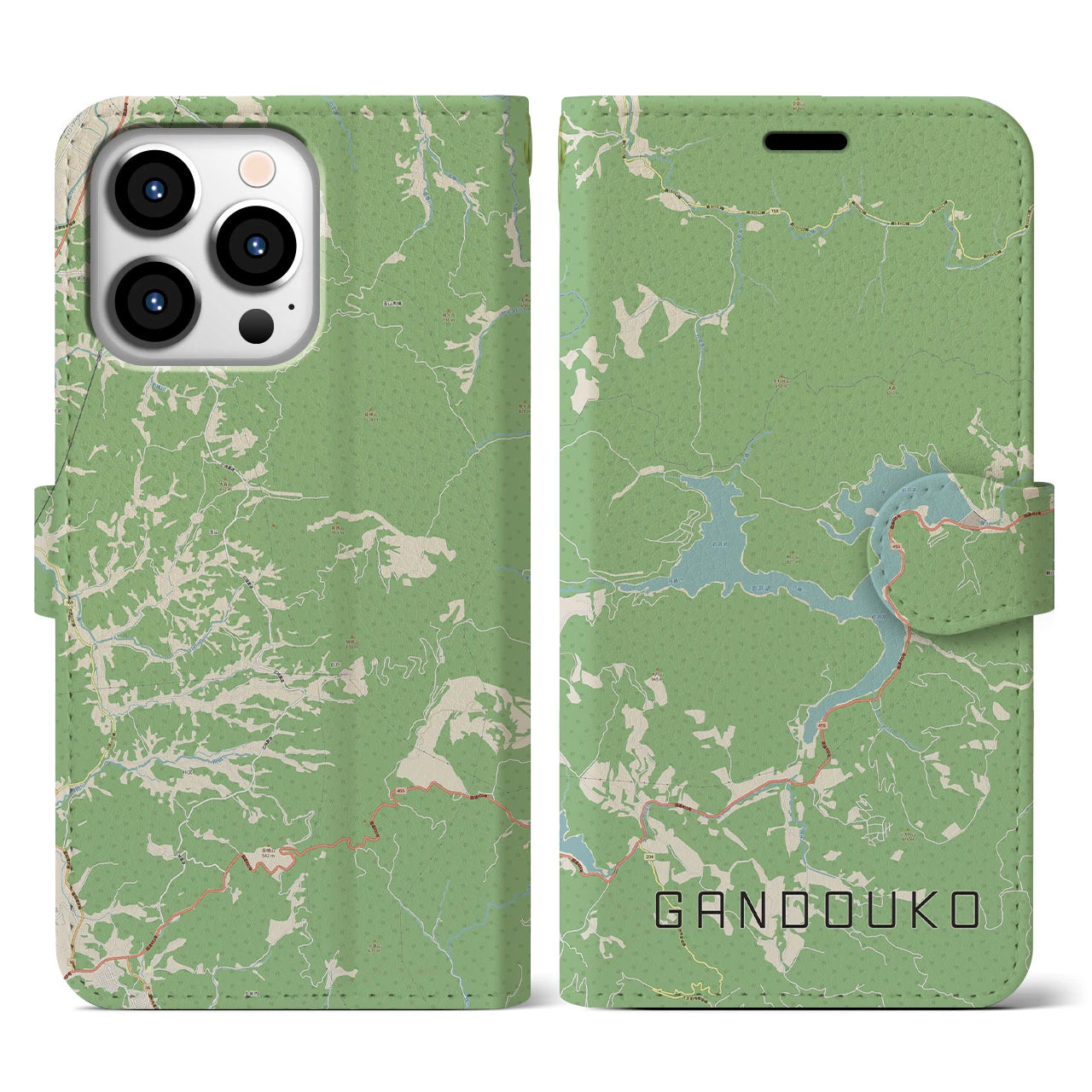 【岩洞湖(岩手県)】地図柄iPhoneケース(手帳タイプ)ナチュラル・iPhone 13 Pro 用